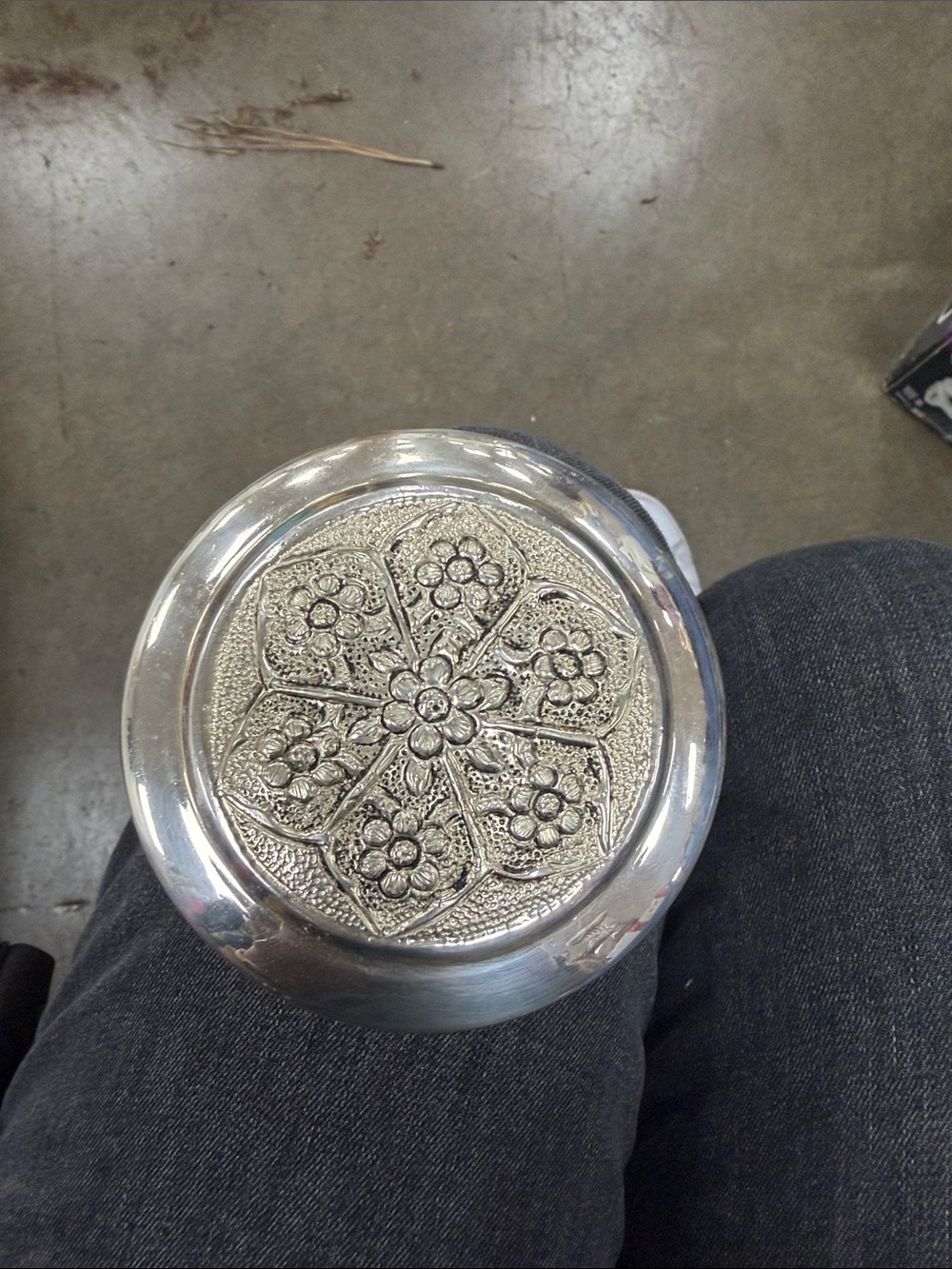 Silver Floral Embossed Compact jewelry/storage Box 6 inches round
